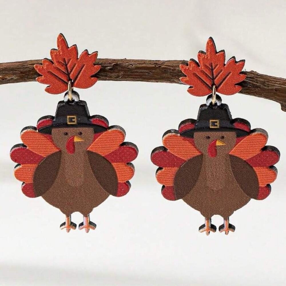 #21 Festive Turkey Earrings with Autumn Leaves
